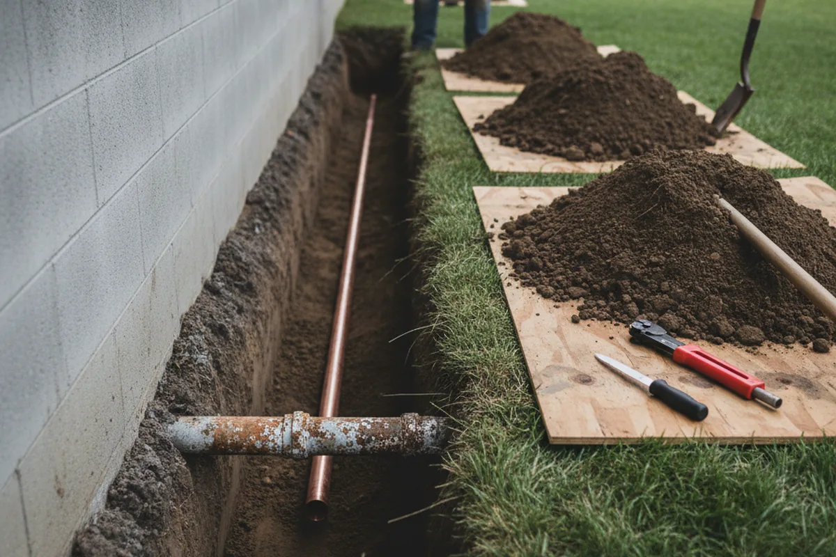 Excavated water line trench during Sewer Line Repair in Smiths Grove